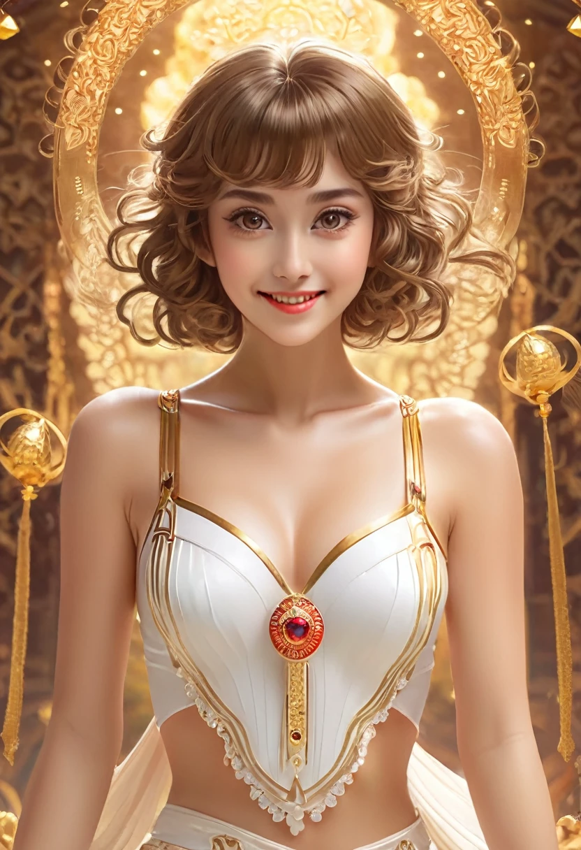 (shoot from front:1.2)Highest quality,4K,8K,High resolution,masterpiece,Has a shiny gem,goddess,Shrine maiden,short hair,Big eyes,Light brown hair,Mysterious atmosphere,smile,Small face,Gorgeous curly hair,Slim figure