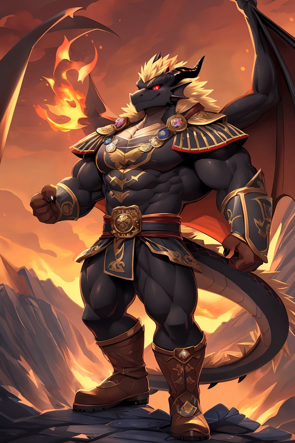 A majestic anthro Roman black dragon, standing tall at 9.3 feet, exuding an aura of power and nobility. His muscular body is adorned with sleek black scales that shimmer with an ominous yet alluring presence. His long, flowing white hair cascades down his back, framing a stoic face with piercing golden eyes, the right one concealed by an eye patch made of robust leather, fastened by intricate straps that hint at a storied past of battles and conquests. The dragon's chest is broad and powerful, with piercings adorning his nipples, each studded with spikes that gleam in the flickering light of nearby torches. Around his waist, a white Roman tunic is secured, its purple stripe and golden laurel leaves embroidery signifying his rank as a Primarch of the Imperial Legion. The tunic reveals the beginnings of two mighty cocks, each knotted and boasting a formidable length of 12 inches and a thickness of 5 inches, both adorned with gold cock rings that clasp around the base, enhancing their grandeur. His lower body transitions into a pair of muscular, human-like legs that support his melon-sized balls, which hang heavily with authority. At his side, a black champion sword with a gold-plated hilt rests in its sheath, a symbol of his status and a tool of his dominion. This rightful prince of the Dragon Roman Empire stands with unyielding confidence, his gaze fixed on the horizon, ready to lead his legions to victory and claim his destined throne.