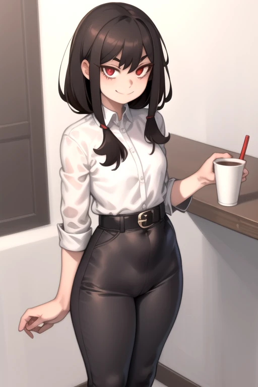 whole body, 1 girl, standing alone, chestnut hair, ssmile, looking to the down, secretary, Eyes red, cups, detailded , pants, waist belt, shorth hair, Bblack hair, white  shirt, black pants, KelvinHiuArtist hair ,flat-colors, ,outline,