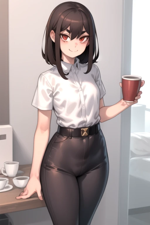 whole body, 1 girl, standing alone, chestnut hair, ssmile, looking to the down, secretary, Eyes red, cups, detailded , pants, waist belt, shorth hair, Bblack hair, white  shirt, black pants, KelvinHiuArtist hair ,flat-colors, ,outline,