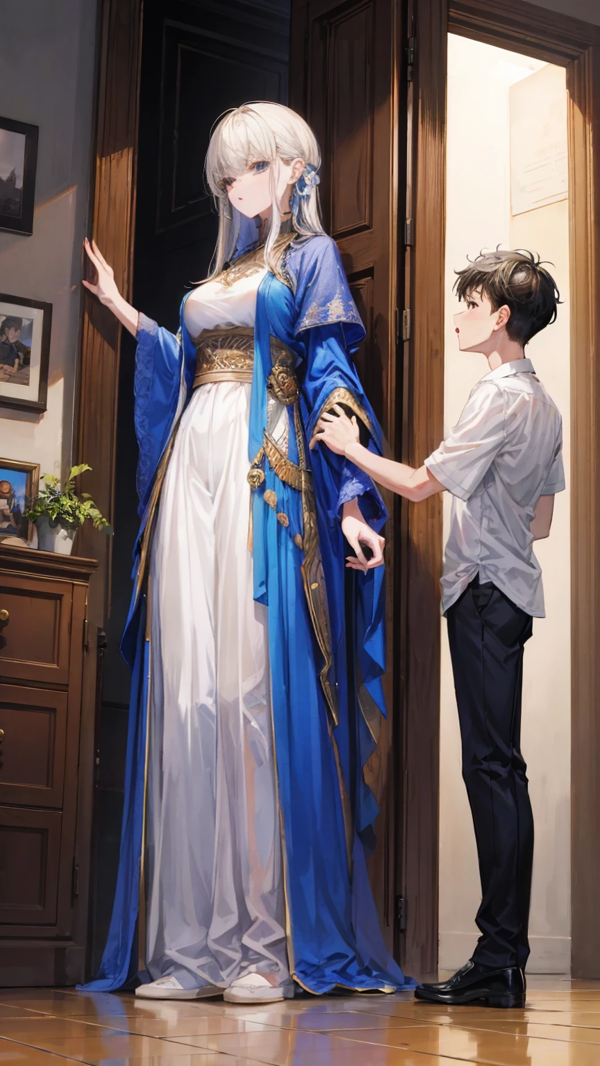 Tall woman rapping a young boy
