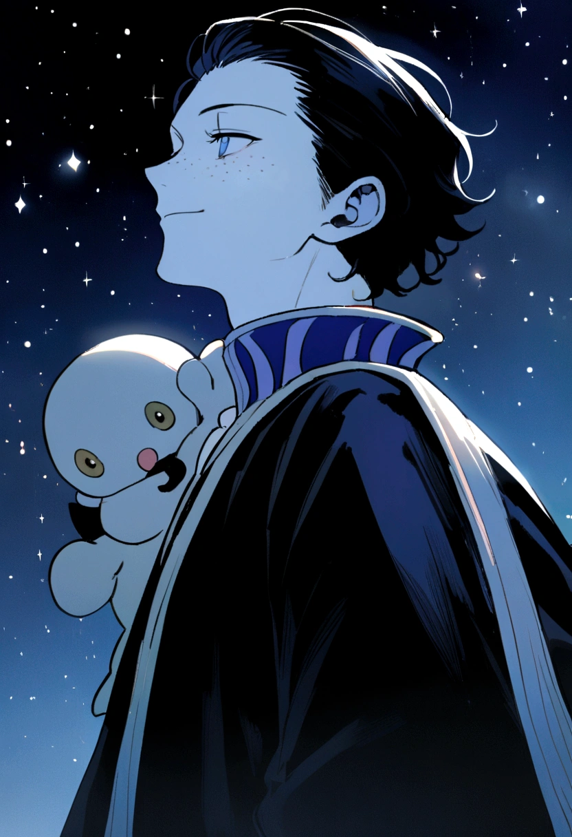 1 chico , cheered up , from onepiece , looking melancholy at the sky , looking at the stars , short wavy black hair , white skin with slight freckles , neutral eyes without shine royal blue