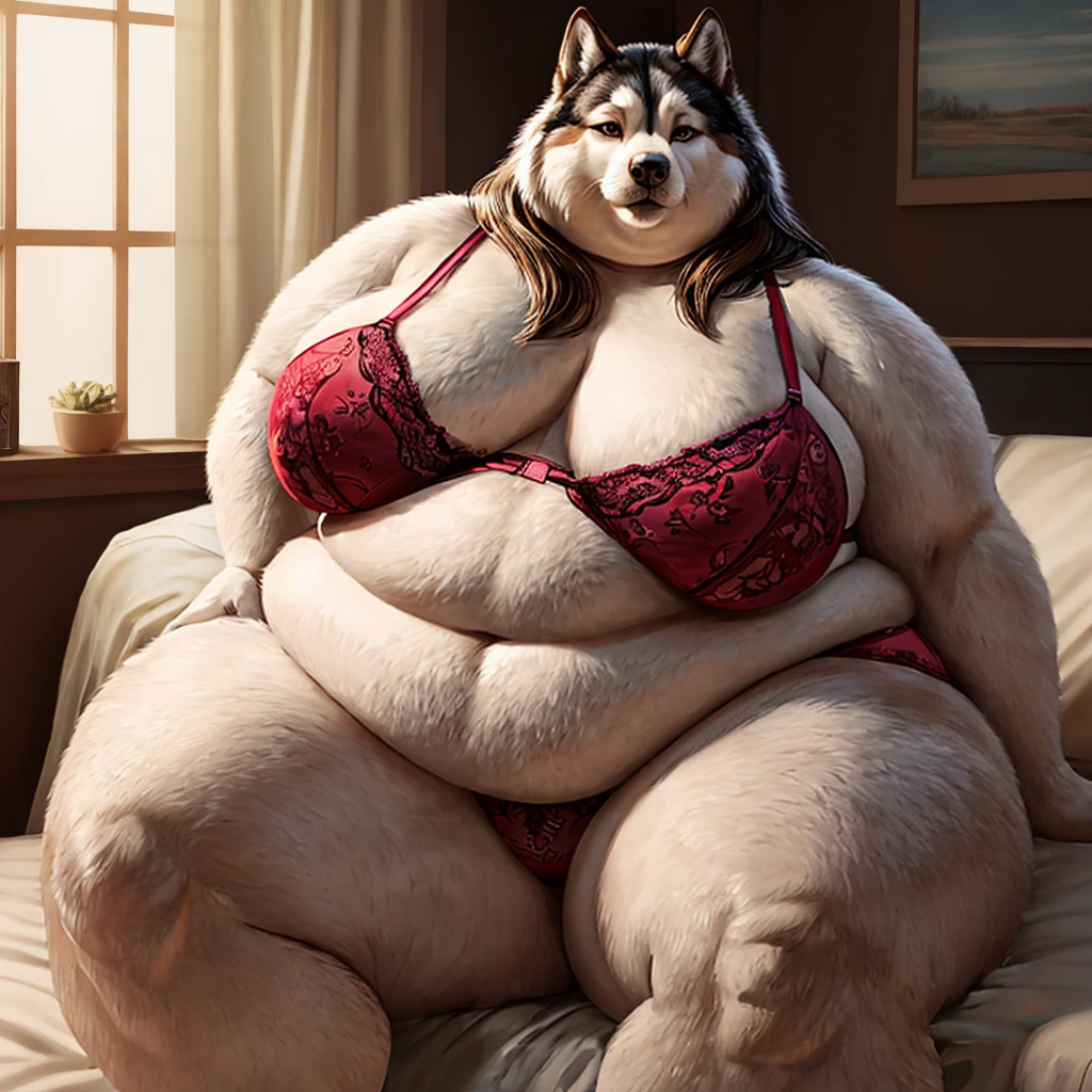 Malamute ,female, long hair, huge breasts, huge hips, huge thighs, plump, voluptuous, morbidly obese, fat arms, fat legs, belly rolls, gorgeous, beautiful, eyelashes, feminine, realistic, huge body, corpulent, massive silhouette, feminine,fat arms, fat legs,fat rolls, saggy breasts, chubby cheeks, double chin , belly overhang, flabby ly ,fat face,underwear, bra,panties, realistic , gorgeous, beautiful, eyelashes ,cute, sitting in bed,fat neck