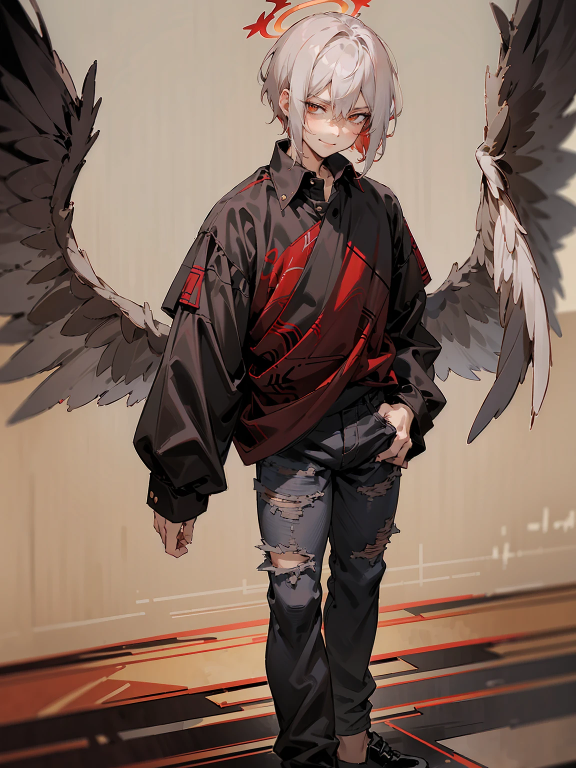 1male, Adult, Two Tone Hair, Crimson and White Hair, Short Hair, Undercut Hair, Red Angel Halo, Black Wings, Golden Eyes, Smirk, Black Flannel Shirt, Black Ripped Jeans, Standing On Path