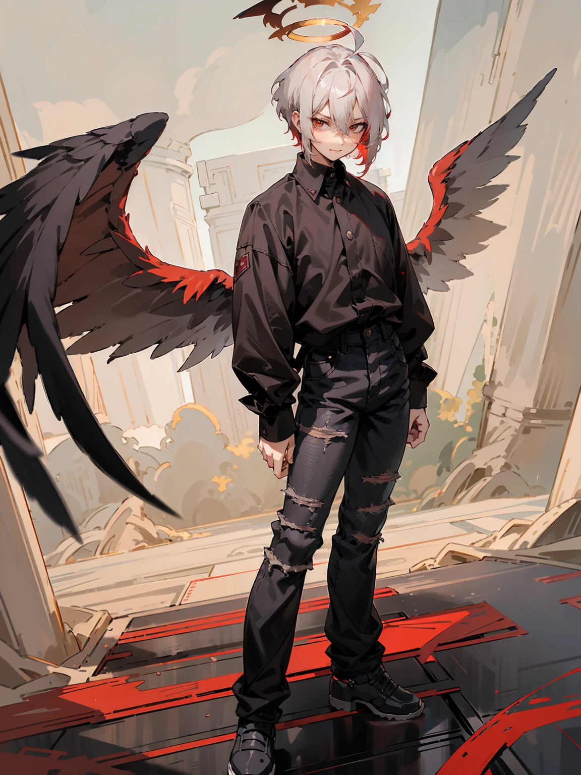 1male, Adult, Two Tone Hair, Crimson and White Hair, Short Hair, Undercut Hair, Red Angel Halo, Black Wings, Golden Eyes, Smirk, Black Flannel Shirt, Black Ripped Jeans, Standing On Path