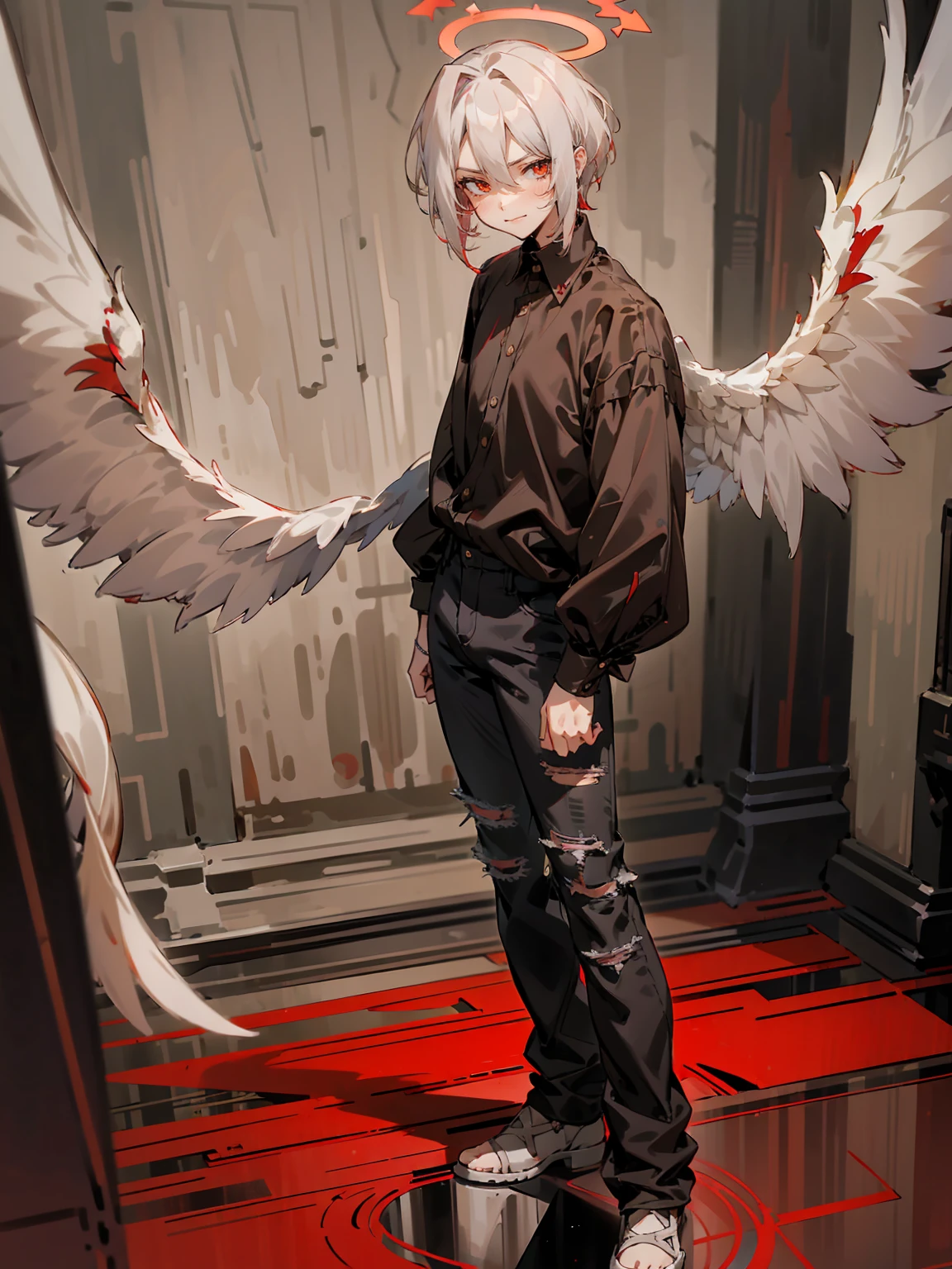 1male, Adult, Two Tone Hair, Crimson and White Hair, Short Hair, Undercut Hair, Red Angel Halo, Black Wings, Golden Eyes, Smirk, Black Flannel Shirt, Black Ripped Jeans, Standing On Path