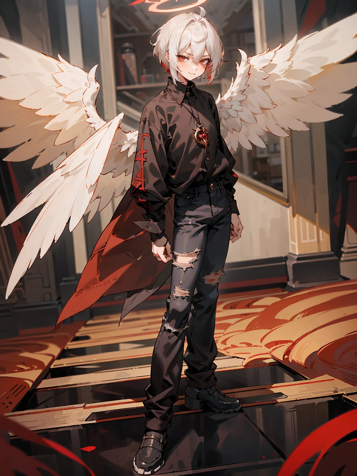 1male, Adult, Two Tone Hair, Crimson and White Hair, Short Hair, Undercut Hair, Red Angel Halo, Black Wings, Golden Eyes, Smirk, Black Flannel Shirt, Black Ripped Jeans, Standing On Path