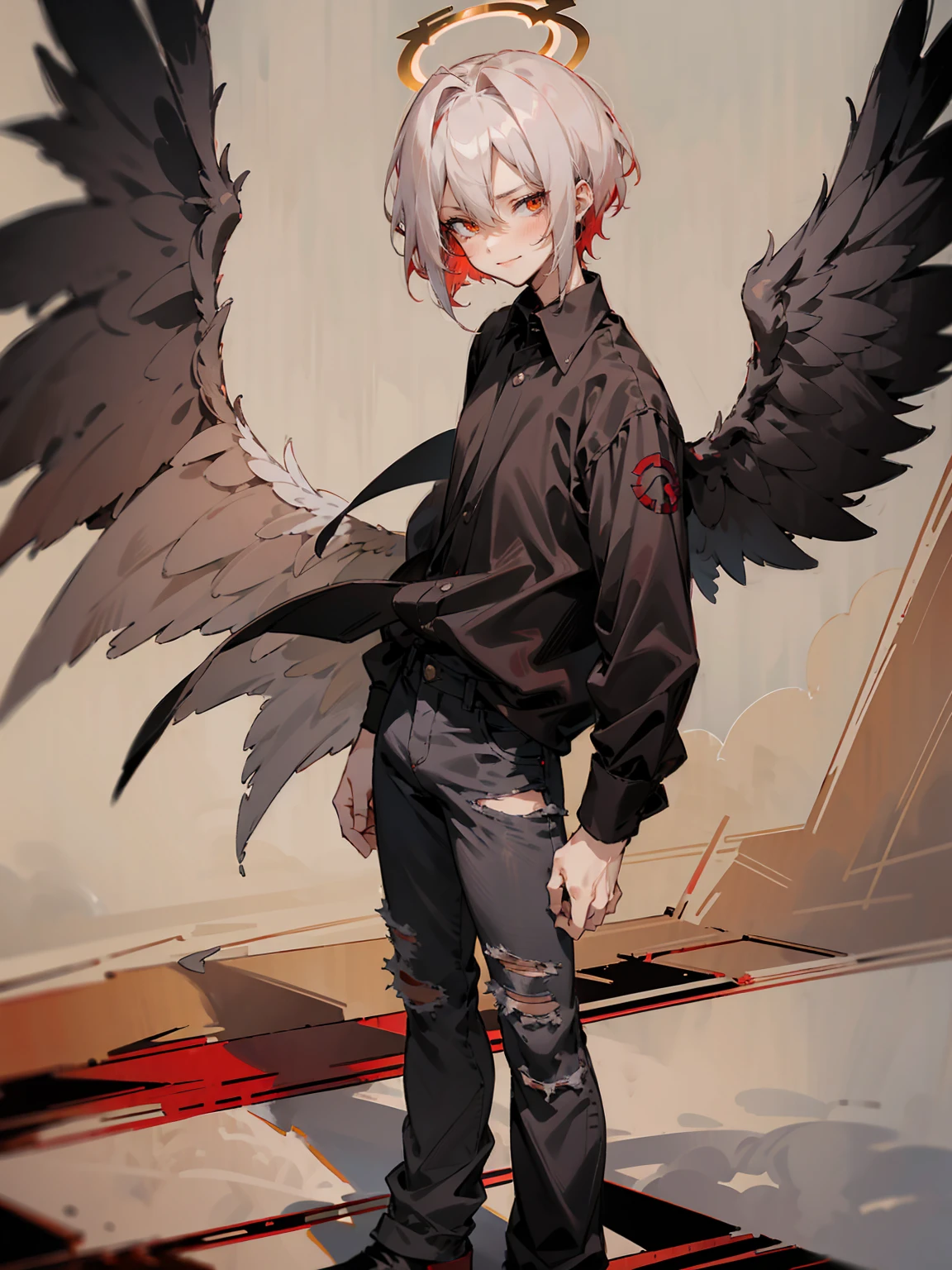 1male, Adult, Two Tone Hair, Crimson and White Hair, Short Hair, Undercut Hair, Red Angel Halo, Black Wings, Golden Eyes, Smirk, Black Flannel Shirt, Black Ripped Jeans, Standing On Path