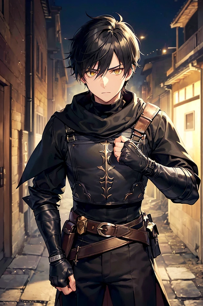 (masterpiece; best quality: 1.2), (finely detailed eyes: 1.3), ((25 year old man)), ((solo)), (yellow eyes: 1.4), (body; lithe, toned, masculine: 1.3), (very short black hair: 1.3), (beautiful and clear background: 1.2), ((depth of field)), (clothes: black assassin attire + black turtleneck + black pants + black fingerless gloves + black cloak + leather bracers + belts + traveler pouches and satchel: 1.3), (anime illustration: 1.2), (background; medieval slums alleyway + night: 1.1), (extremely fine and handsome: 1.1), (shot composition; standing + centered on torso + close-up: 1.5), (expression; calm, stoic: 1.2)