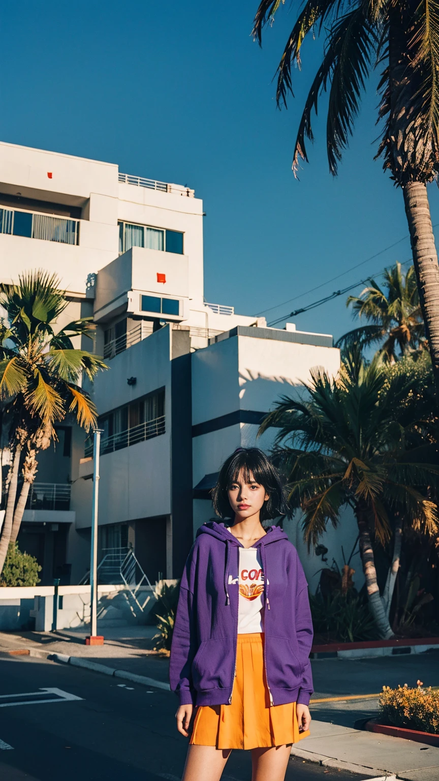 portrait of a 23 yo girl, plum body ,wear ((orange color oversized hoodie)), wear ((purple tennis skirt)),looking front,Best Quality,Masterpiece,Ultra High Resolution,(Realisticity:1.4),Original Photo, 1Girl, light leak,ultra high resolution,UHD,beautiful, (black bob hair), almond eye, no makeup, in front of (80's mondrian architecture motel), (realistic:1.2), (surreal:1.3), (very detailed:1.1), ((masterpiece)),summer, blue sky, palm trees,sunny, los angles vibes,film camera, 800mm lens,style of Philip Lorca diCorcia