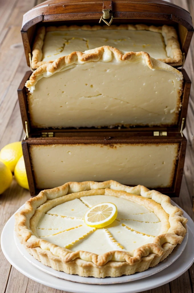 A treasure chest with a lemon pie
