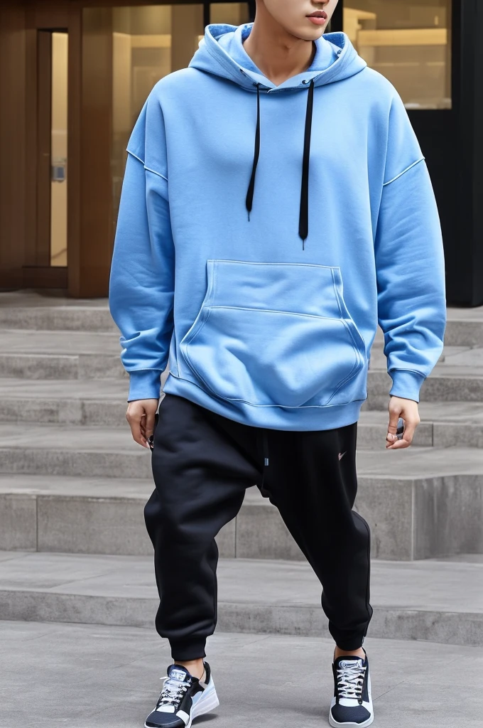 21 year old Beijing boy, he is ((oversized xxl blue plain hoodie)), wearing black Trousers, wearing white sneakers, wearing glasses, fully body, (he is 한국 머리카락입니다) Korean style, walking, buzz Hairstyle, foot