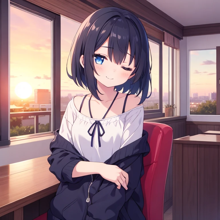there is a drawn image of a girl inside a house, 1girl, female focus, blue eyes, alone, sunset, black hair, medium short hair, sleepy smile, looking at viewer, normal clothes, Sleepy eyes, sleepy girl, eyes almost closed, almost asleep