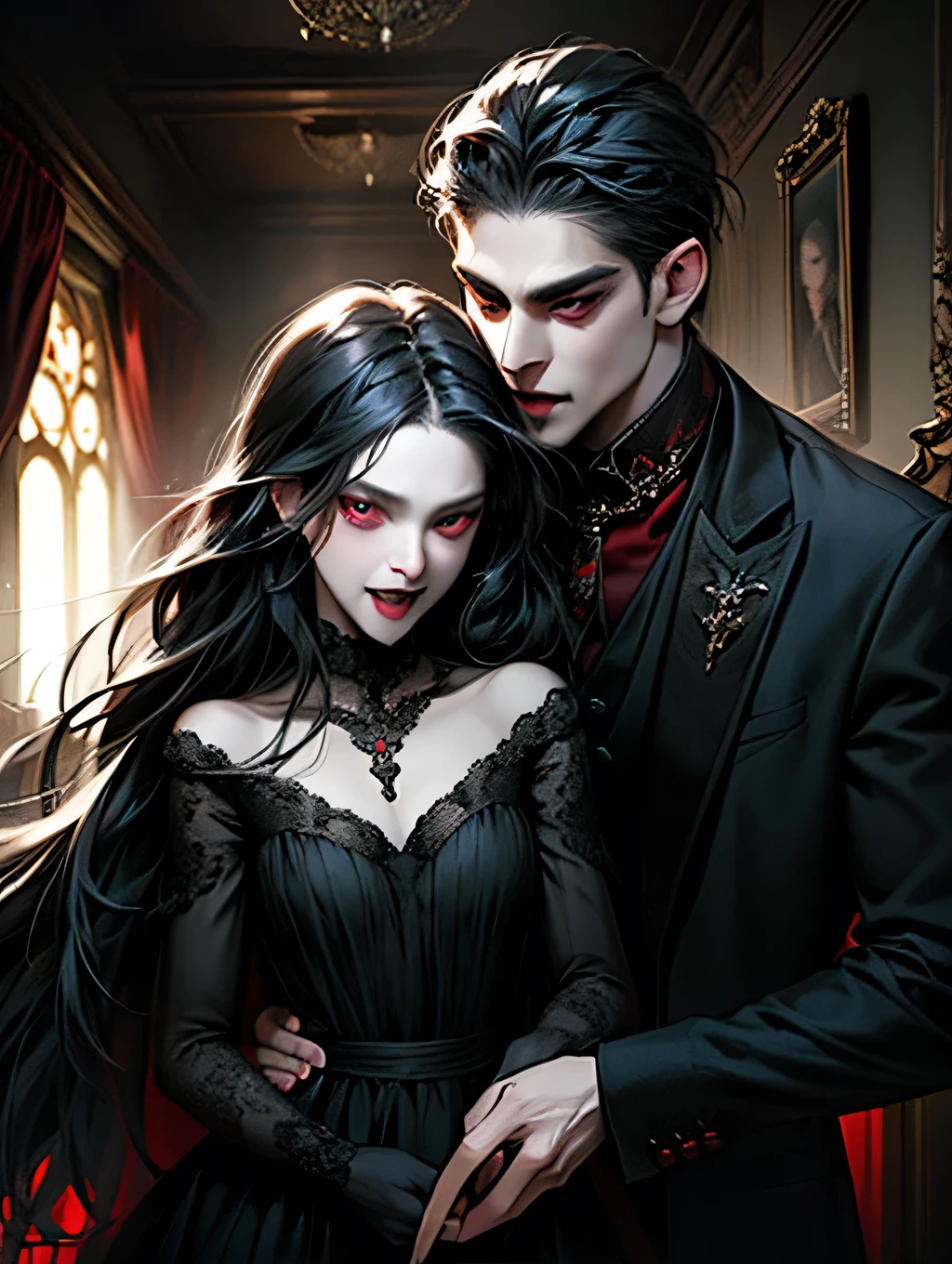 (masterpiece, best quality:1.2), Vampire, Couple of vampire, with black hair, red eyes, (fangs), black clothes, the man wear formal blazer, the women wear black dress, red wine, indoor, in the castle, expressive