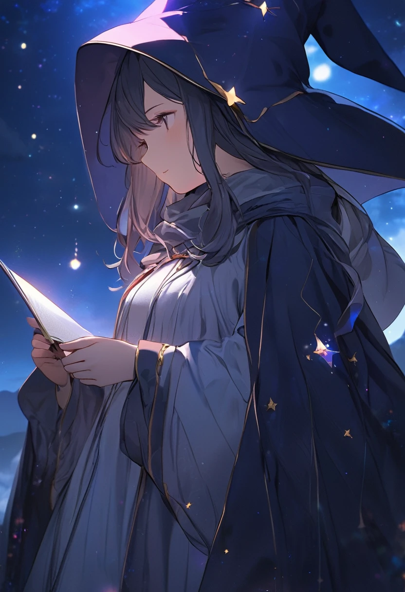 thinking , black mage robe , masterpiece , cloudly night full stars , mage robe , 1girl , soft light