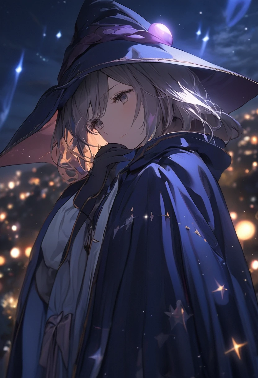 thinking , black mage robe , masterpiece , cloudly night full stars , mage robe , 1girl , soft light
