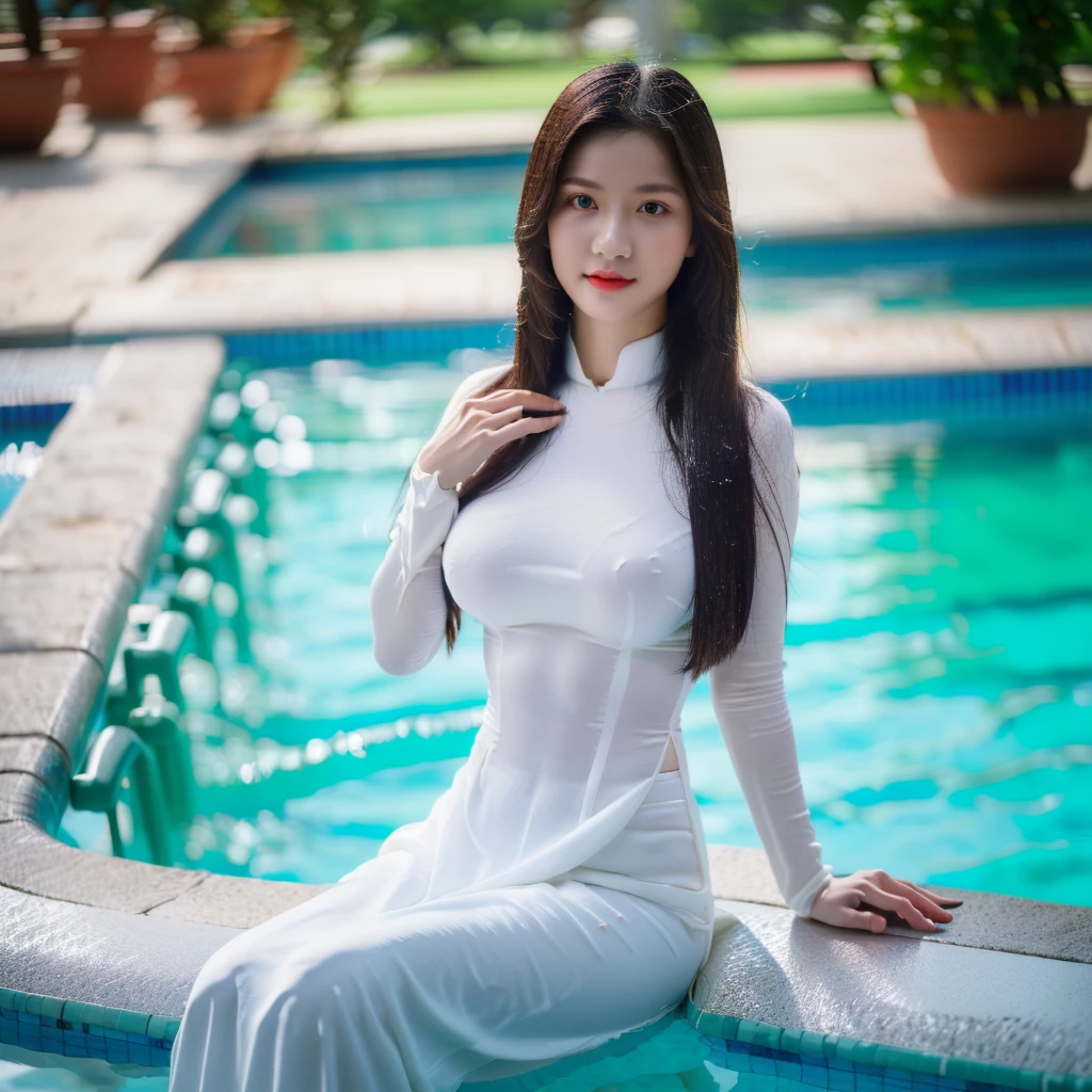 big breasts, round breasts, wearing bra inside ao dai, slim figure, beautiful figure, big breasts, long straight hair, ((sharp 8k quality photo)), ((details of beautiful, sharp face, face balanced) for)), ((beautiful breasts, exposed cleavage, plump body), ((beautiful sparkling eyes, sharp eye details, beautiful face, balanced eyes)), sitting at the pool, all wet body, there are many people in the pool, it's raining, there's a rainbow((super beautiful body with high details, tight body, big bust and slim waist)), ((round breasts))