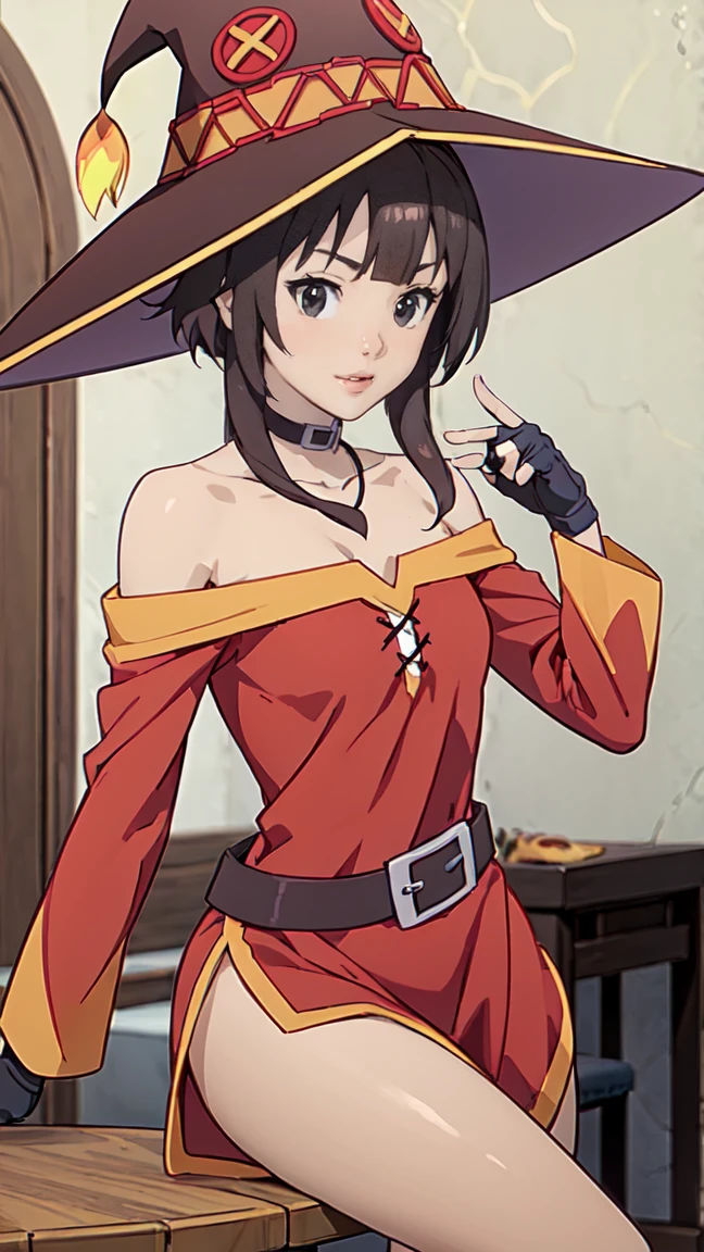 Artgerm, table, Best quality, extremely detailed, table, Best quality, Megumin, 1 girl in, bare shoulders, beautiful buttocks, стоит опершись о table, very sexy, smile, cheerful, Black e.g, black gloves, black hair, e.g, necklace, clavicle, dress, hair between eyes, It has, long sleeves, I look at the viewer, Medium hair, off shoulder dress, off the shoulders, Red dress, Red eyes, side locks, One, witch hat, in room