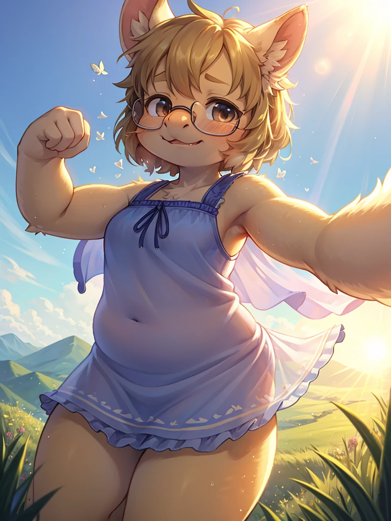 Hallucination , (ugly geek Sow) , (butterface) , relaxed Fluttering white thin huge fabric , Dancing on the top of hill , halation , Strong sunlight , The fabric is see-through, so your skin is visible , Divine Light , morning dew