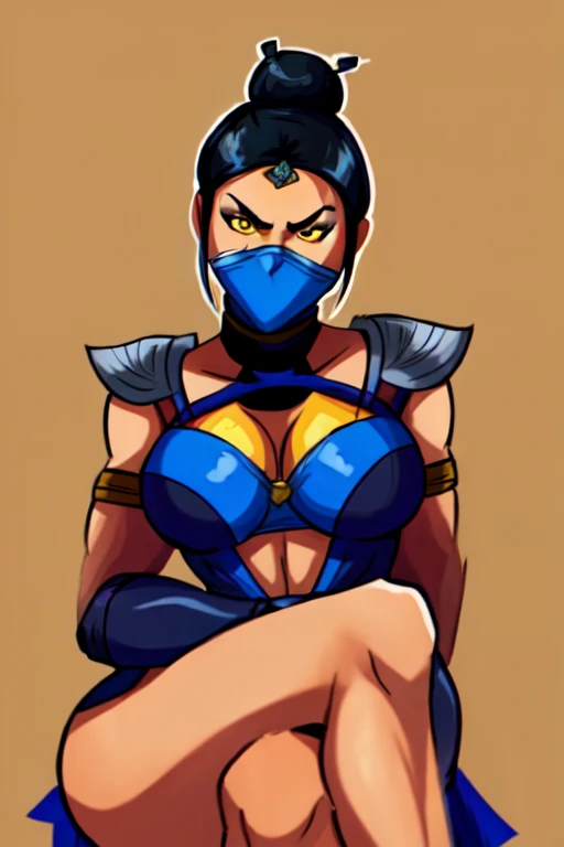 masterpiece, best quality, 1girl, kitana, mouth mask, black hair, hair bun, large ass,medium breast,yellow eyes, dark skin, shoulder armor, cleavage cutout, closeup, sketch, solo, simple background sits,cross legs,no shoes,beautiful feet