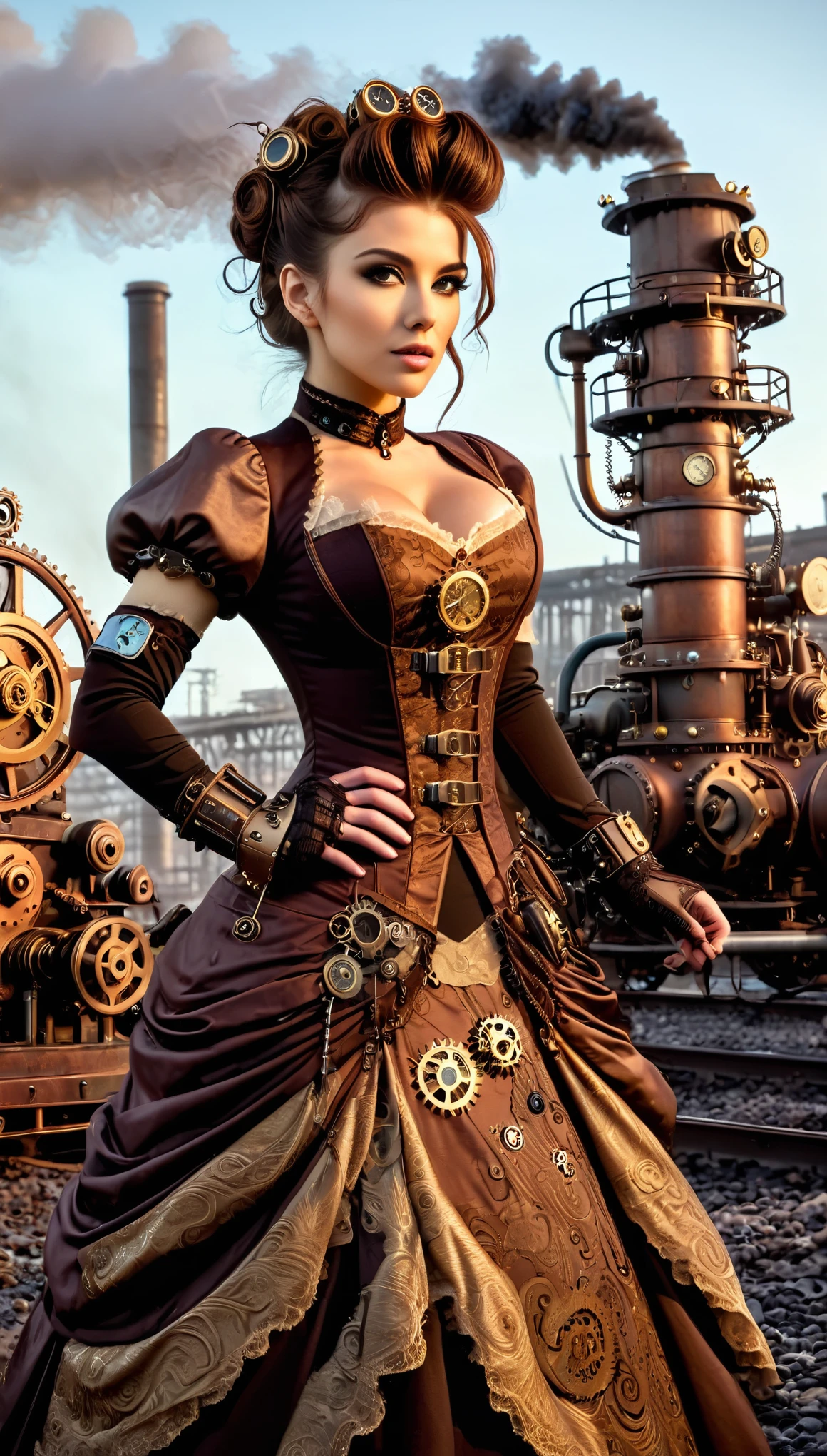 A steampunk-themed scene of a woman in a Victorian-style gown with mechanical embellishments. The gown transitions from copper to bronze, adorned with gears and clockwork designs. Her hair is styled in an intricate updo, and she wears steampunk accessories. The background features an industrial landscape with steam and machinery, creating a gritty, retro-futuristic vibe