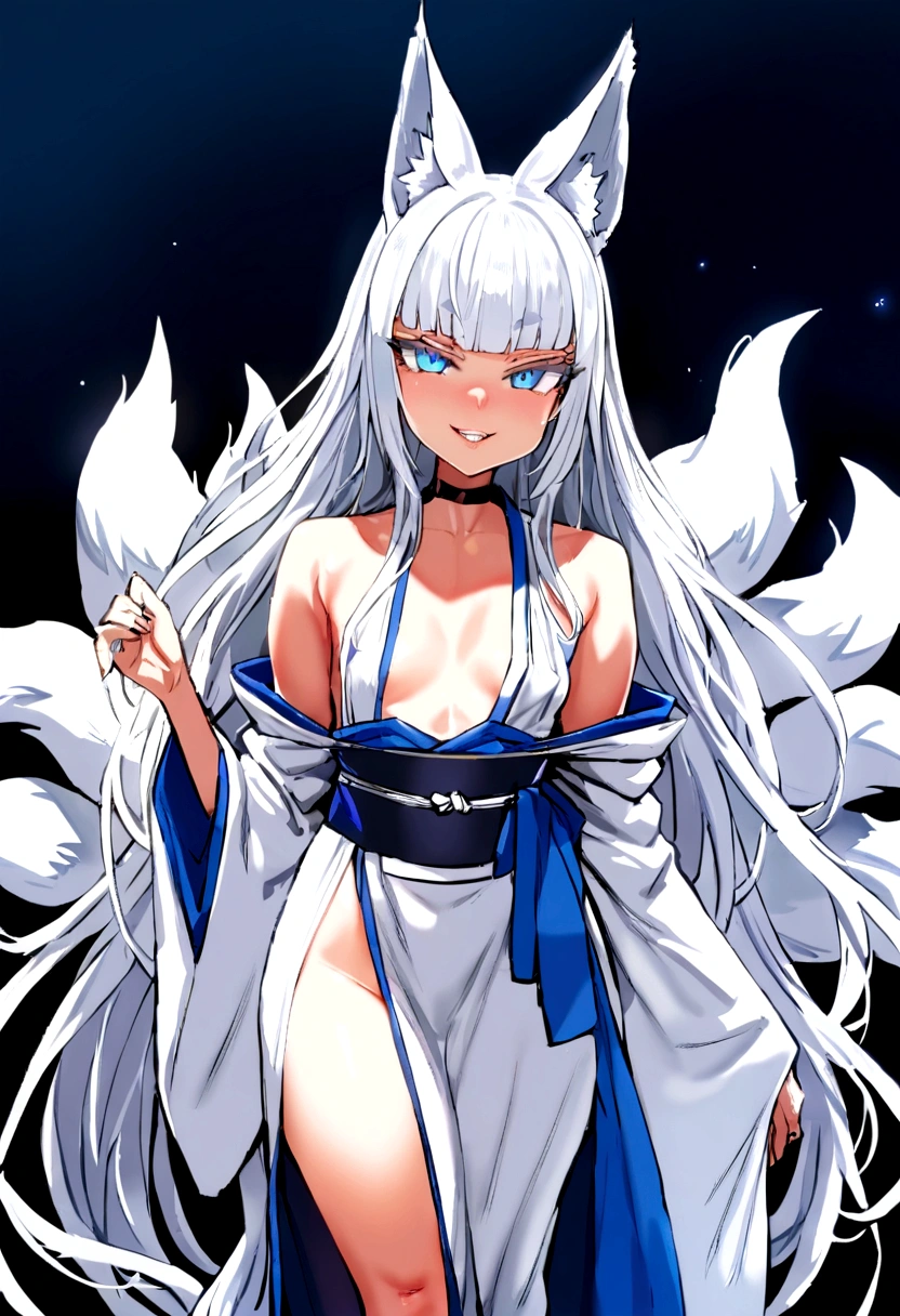 masterpiece, best quality,  kitsune 1girl, solo, beautiful kitsune woman, fox ears, bangs, white hair, very long hair, blue eyes, grin, small breasts, black choker, shoulderless kimono, white kimono, long kimono, long kimono sleeves, blue sash, 5 white fox tails, white hair, looking at viewer   