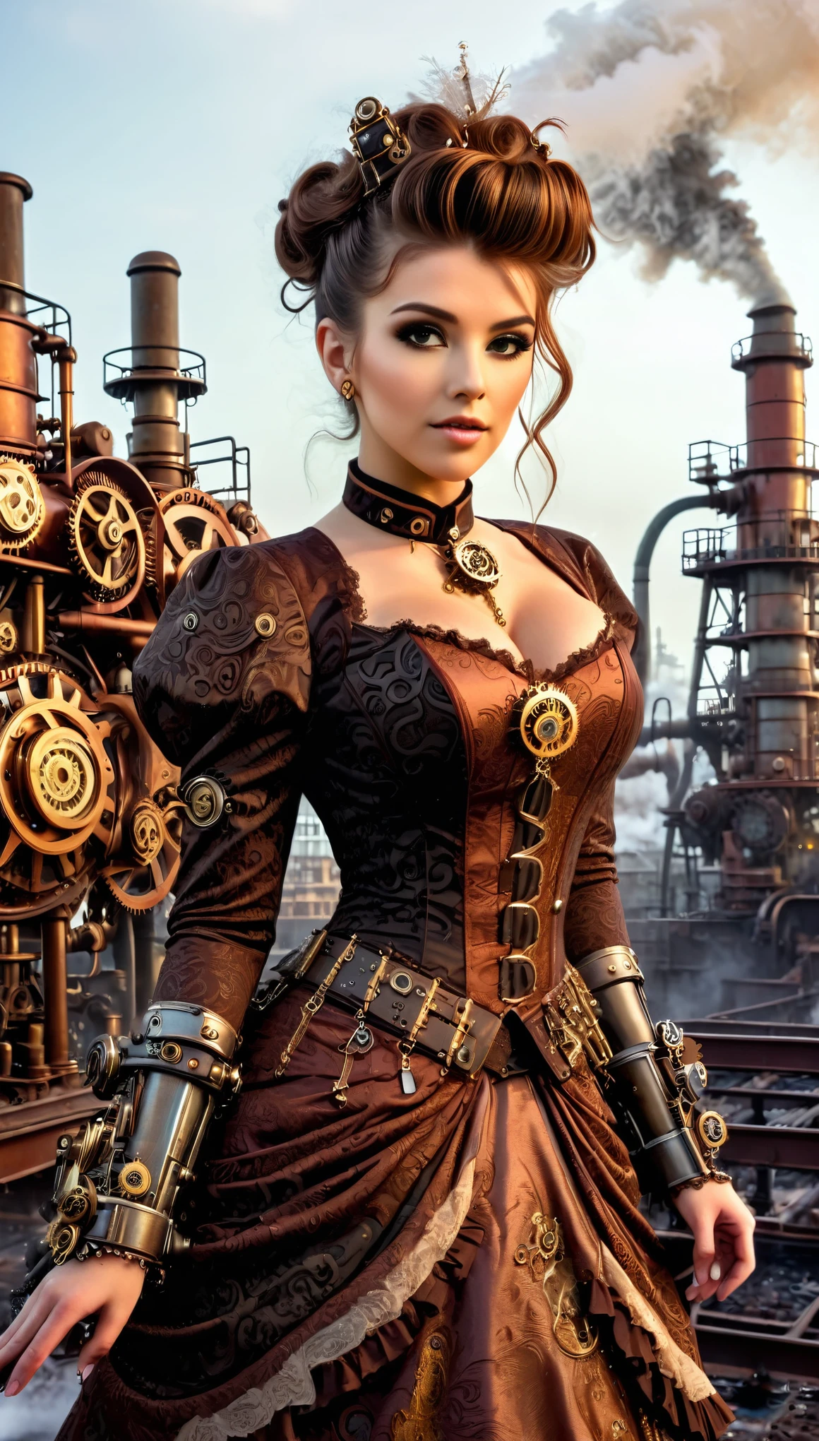 A steampunk-themed scene of a woman in a Victorian-style gown with mechanical embellishments. The gown transitions from copper to bronze, adorned with gears and clockwork designs. Her hair is styled in an intricate updo, and she wears steampunk accessories. The background features an industrial landscape with steam and machinery, creating a gritty, retro-futuristic vibe