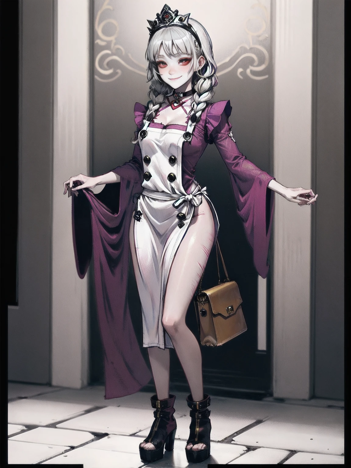 (Cassia Orsellio colored skin) full body standing straight symmetrical, red eyes, lustful smirking smile face red blush red cheeks, looking at viewer, holding tray, maid headdress, maid, dress, apron, long sleeves, brown pantyhose, leather choker with golden bell, long leather military boots, thighs, short bob white hair with 2braids, 2medium breast, masterpiece