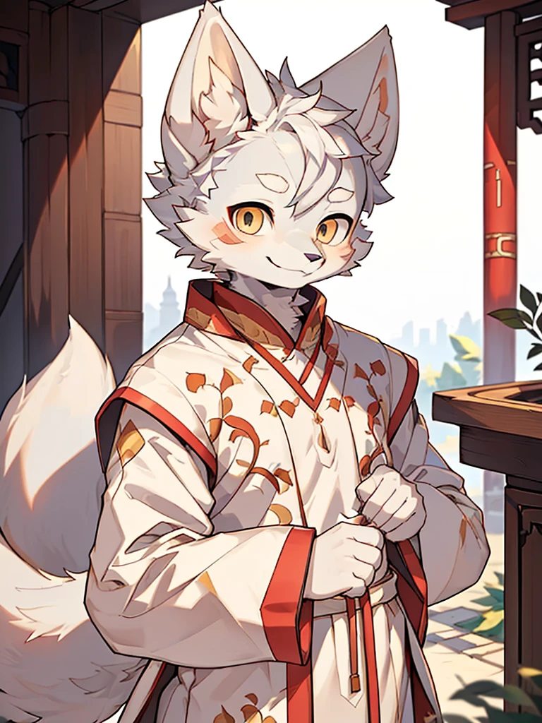 (best picture quality),(masterpiece),(((the only person))),(Super detailed),(male arctic fox:1.5), (white skin:1.3), hairy,(white fur:1.3),((golden pupils)) ,(gray ears),(hairy animal ears),((Wearing red ancient Chinese costumes),In a Chinese garden,natural lighting,complex background,Detailed face,details on face,Character focus,Detailed clothes,upper part of body,depth of field,lighting perfect,light particles,sharp focus,light particles,Eye,Smile,alone