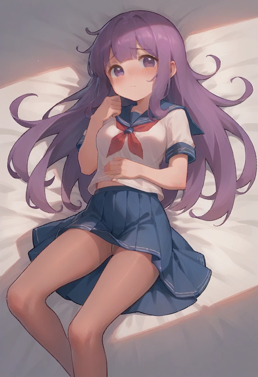 pantyhose,,sailor,dress,cute,lying,,purple hair,long hair,,shy,,medium breasts