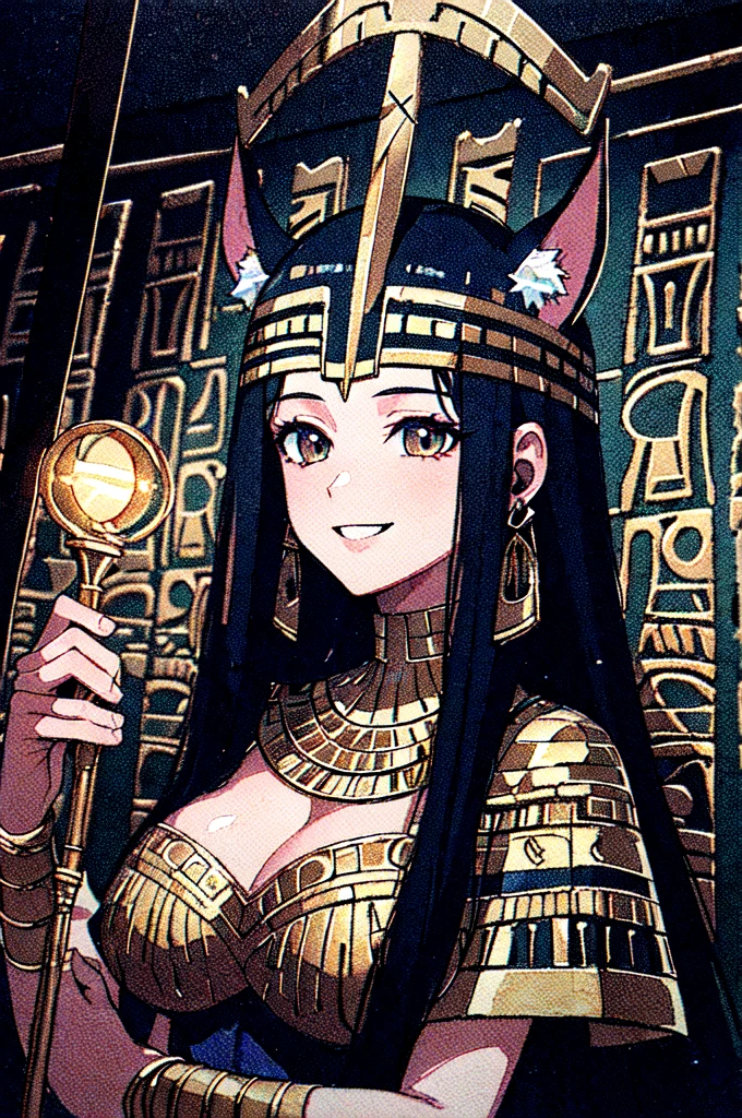 (masterpiece, Highest quality, Highest quality, Official Art, beautifully、aesthetic:1.3), (One adult woman:1.3), Very detailed, colorful, Most detailed,((Super detailed)), (Highly detailed CG illustrations), ((Very delicate and beautiful)), Cinematic Light, alone, (Abstract art:1), whole body, night, ((ancient Egypt theme)), (Jackal ear decoration), pyramid, staff, (Money), Moneyen ornaments, ((Smile)), Large Breasts,Pharaoh, Hieroglyphics, Portraiture, Active Pause, Headlight, tooth, Sitting, relic,
