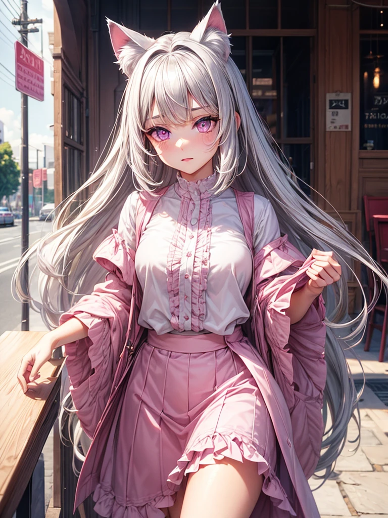 Highly detailed face,fine grain,Sparkling eyes,Highlighted eyes,Medium chest,pretty girl, Longing eyes,Cat ear, Beautiful silver hair,Pink inside,Beautiful pink eyes,Oversized shirt,skirt,Cafe
