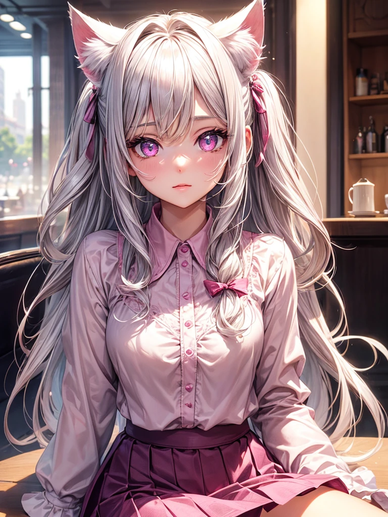 Highly detailed face,fine grain,Sparkling eyes,Highlighted eyes,Medium chest,pretty girl, Longing eyes,Cat ear, Beautiful silver hair,Pink inside,Beautiful pink eyes,Oversized shirt,skirt,Cafe
