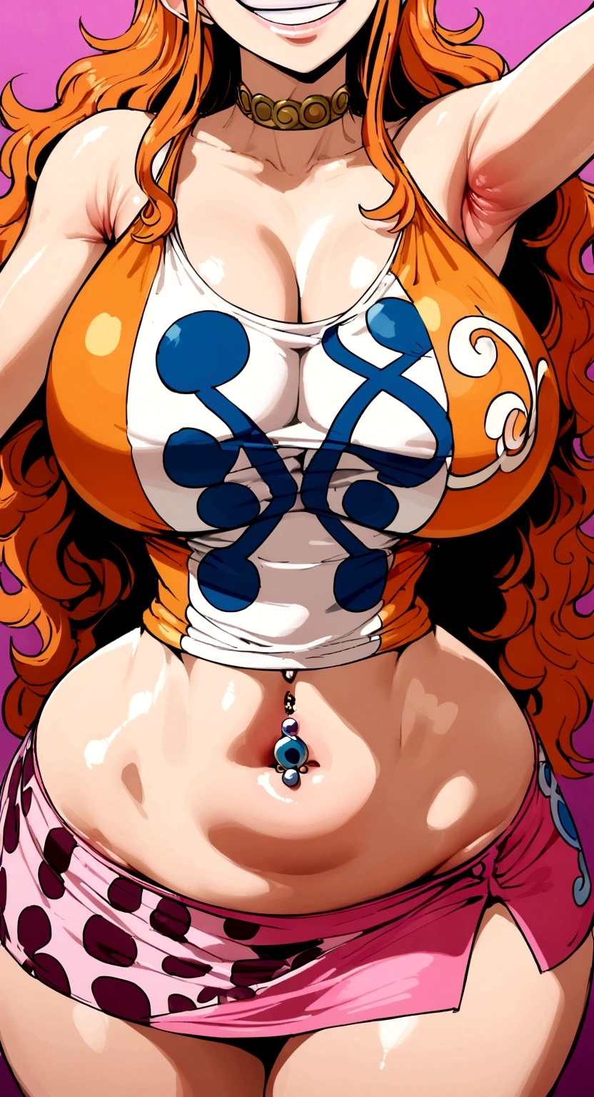 big lips, us&#39;The skin (One piece), pink eyes, japanese face, improve, improve grin, two sides up, huge breasts, Wide hips, sexy, detailed, pink room, Hits, (evil smile1.4), kawaii, fold us (One piece), One piece, GOOD, nami costume (One piece), fold us (One piece), camisa nami (One piece), choker, fold us (One piece), camisa nami (One piece),navel piercing, cosplay de nami (One piece)