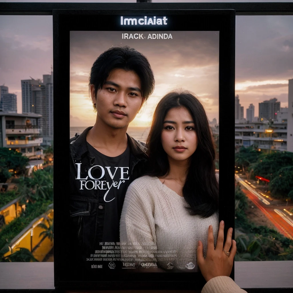 A handsome Indonesian man and a woman they think are sitting together. Bright beach background, it says IRAQ ADINDA, and other writings. Irack love forever