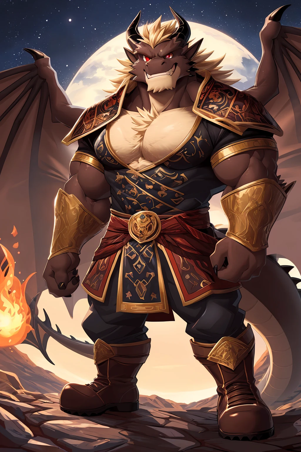 (sfw:1.5), male focus,  Prince, Handsome 1boy, solitary, single，protrait photo, (Light blond thick eyebrows:1.3), (Black nails, Black Claws:1.3), (Dark brown dragon wings, Translucent wing membrane:1.5), Dark brown skin, Light blond chest hair, Light golden belly hair, (Dark brown tail:1.4), White fangs, (Perfect red eyes:1.4), (Dark brown ears, Dark brown body:1.3), (Dark brown thick horns, Dark brown horns, Dark brown curved horns:1.4), (黑棕色的Dragon Tail:1.2), (Light blond hair:1.4), Beige chest, 
demon, feet, Demom, devil, devil boy, devil body, Demom boy, Demom body, (evil eyes, big eyes, large eyes:1.4), (Dragon Tail:1.4), (Chubby, The body is huge, Larger face:1.2), (Bare neck, Bare wrists:1.4), 
(Royal Guards, Tang Dynasty official uniform:1.5), (Dark brown clothing:1.4), (brown belt:1.3), (Dark brown boots, Red shoelaces:1.2), (Red clothes texture:1.3), (Mars splashes, spark:1.2), 
(full body:1.4), (Mature men:1.5), (Tall and strong, Strong body, muscle,Strong male, muscle男:1.3), (Thick arms, Strong and strong legs, Strong legs:1.3), (look up, flight, Standing:1.3), (Looking at the audience, Focus, Eyes gaze:1.2), (grace, charming, charm, arrogant:1.3), (evil smile, evil grin, Smirk:1.3), 
full background, Night, Mountains and rivers, hell, confusion, magma, flame, Broken Ground, 
Mysterious and romantic atmosphere, Caustic lines(refraction, polarization)Perfect anatomical structure, absurd, Detailed background, (Delicate eyes:1.3),Printing style。((artist:Takemoto Arashi))