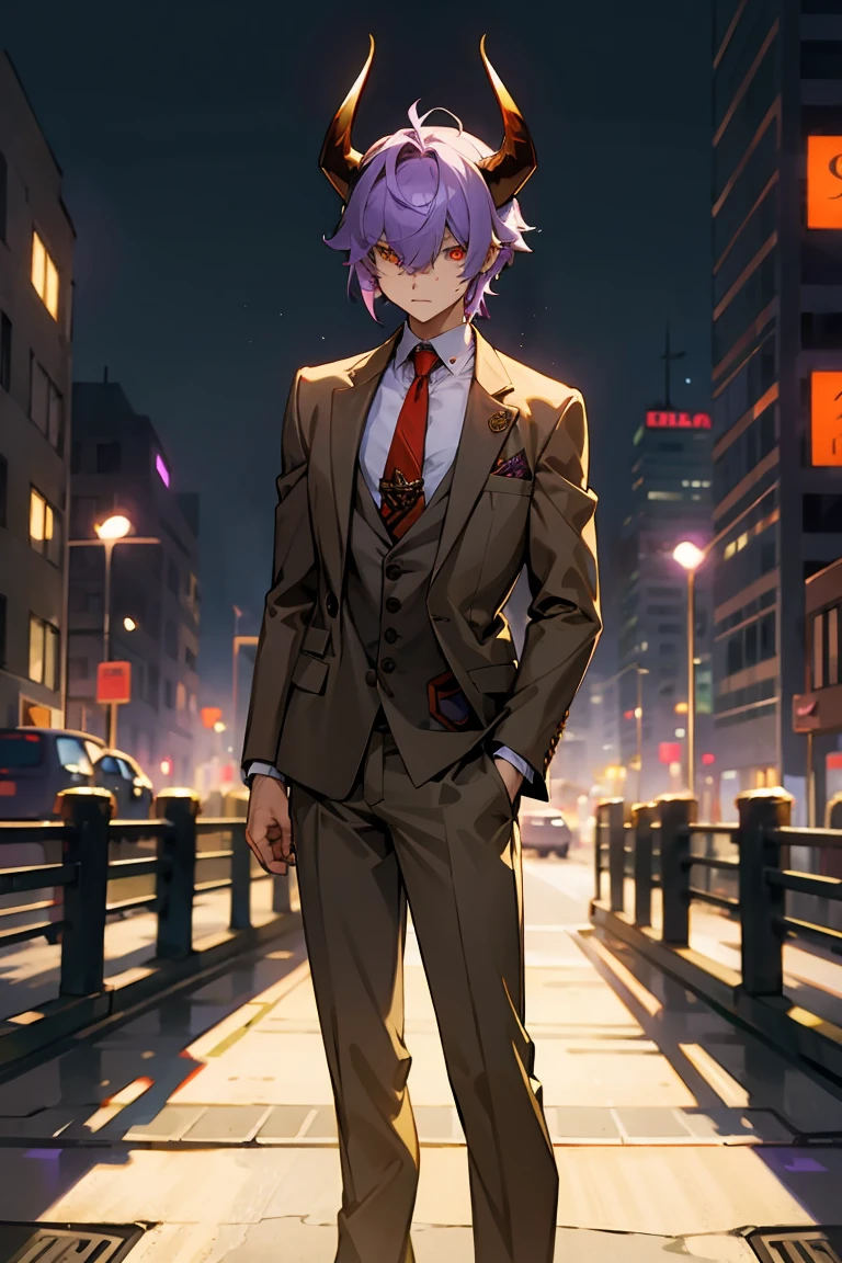 Purple Messy Hair ,Golden Eyes, Bull Horns , Undercut Hair , Tan Skin , Grey Blazer with a White button up and red tie , Dark Green Slacks , Modern City Background , Standing on sidewalk , Hair over eyes