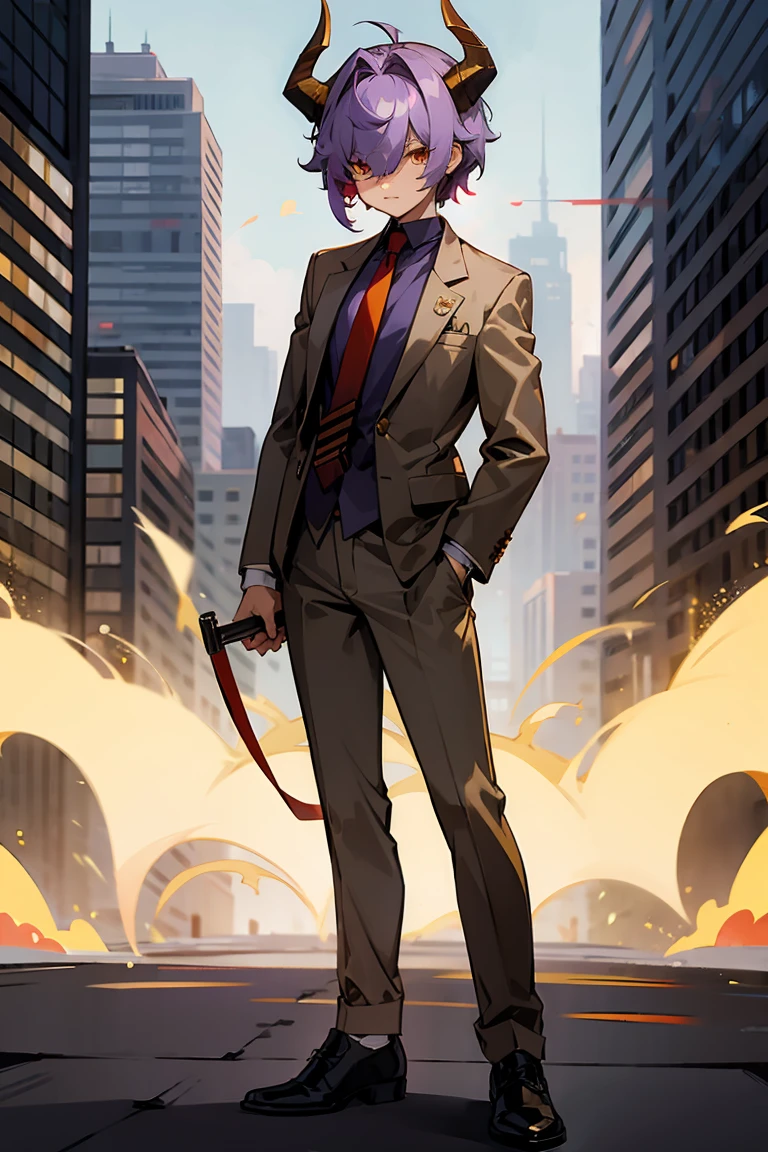 Purple Messy Hair ,Golden Eyes, Bull Horns , Undercut Hair , Tan Skin , Grey Blazer with a White button up and red tie , Dark Green Slacks , Modern City Background , Standing on sidewalk , Hair over eyes