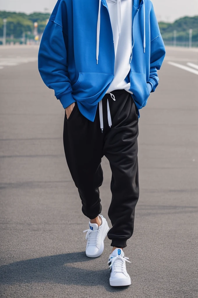 21 year old Beijing boy, he is ((oversized xxl blue plain hoodie)), wearing black Trousers, wearing white sneakers, wearing glasses, fully body, (he is 한국 머리카락입니다) Korean style, walking, buzz Hairstyle, foot, face