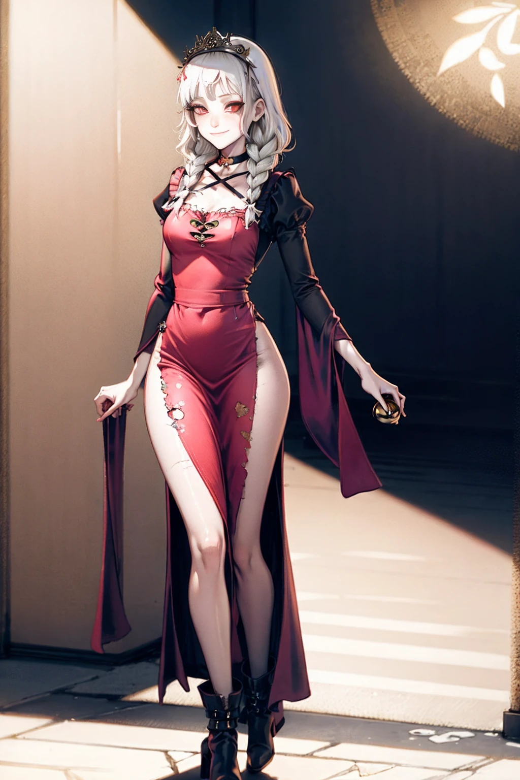 (Cassia Orsellio colored skin) full body standing straight symmetrical, red eyes, lustful smirking smile face red blush red cheeks, looking at viewer, holding tray, maid headdress, maid, dress, apron, long sleeves, brown pantyhose, leather choker with golden bell, long leather military boots, thighs, short bob white hair with 2braids, 2medium breast, masterpiece