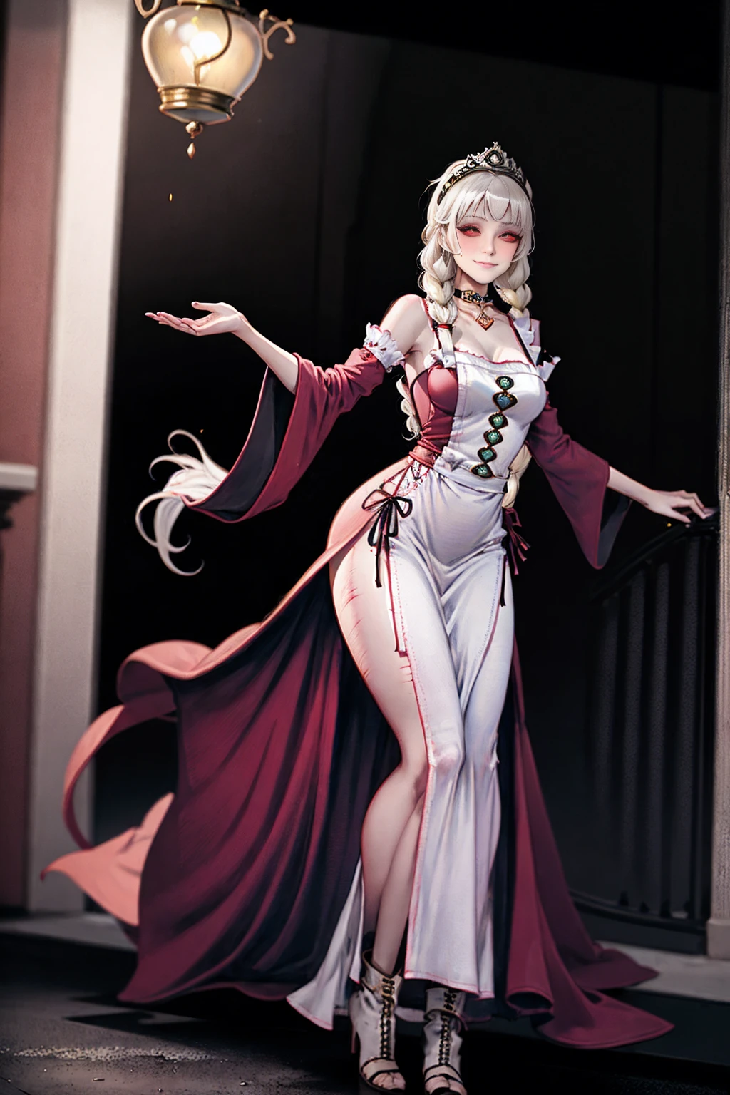 (Cassia Orsellio colored skin) full body standing straight symmetrical, red eyes, lustful smirking smile face red blush red cheeks, looking at viewer, holding tray, maid headdress, maid, dress, apron, long sleeves, brown pantyhose, leather choker with golden bell, long leather military boots, thighs, short bob white hair with 2braids, 2medium breast, masterpiece