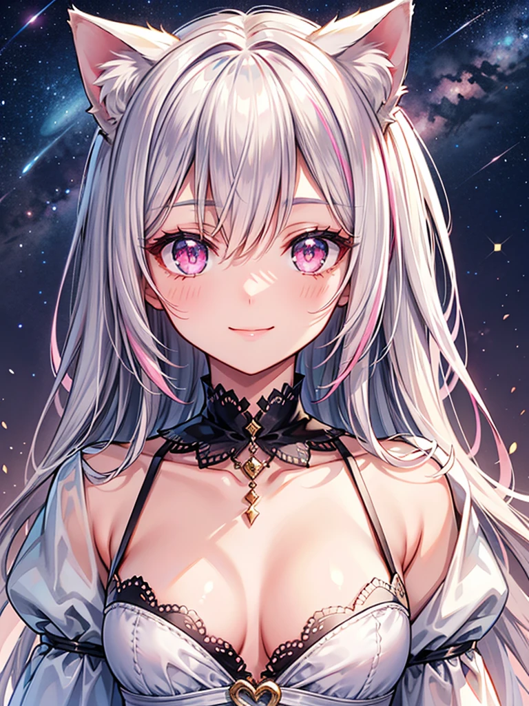 Highly detailed face,fine grain,Sparkling eyes,Highlighted eyes,Medium chest,pretty girl,smile,Cat ear,Beautiful silver hair,Pink inside,Beautiful pink eyes, dress, starry sky
