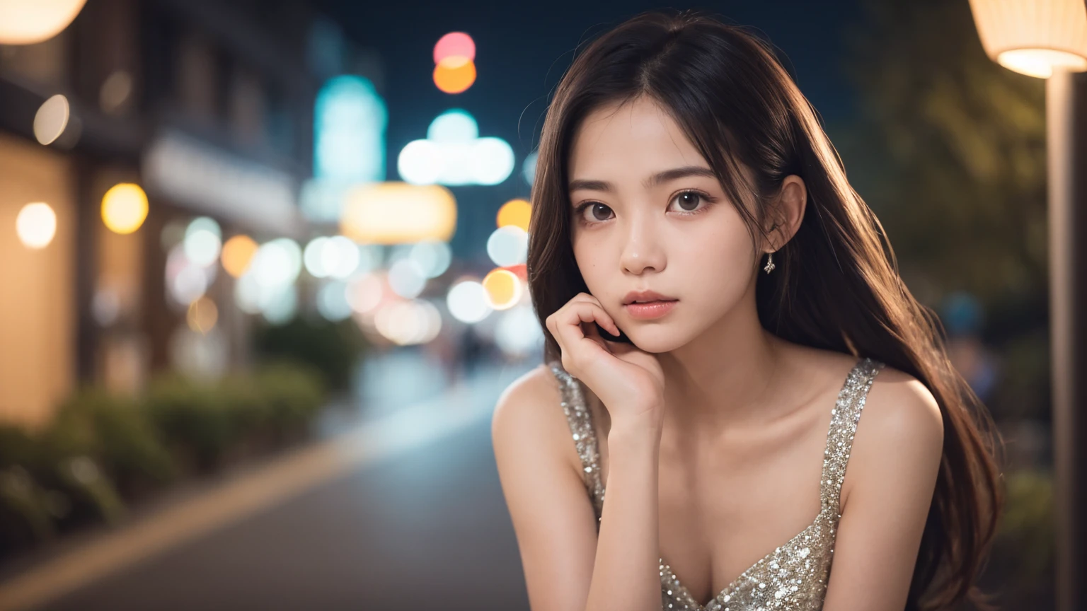 masterpiece, best quality, 8k, 15yo, teen, raw photo, absurdres, award winning portrait, solo, night, neon, violaceaess, gardeniass, delicate girl, upper body shot, DSLR, looking at viewer, candid, sophisticated, youthful, thin arms, showing cleavage, shy, professional lighting, film grain, chromatic aberration, (detailed eyes and face:1.0), (bokeh:1.1)