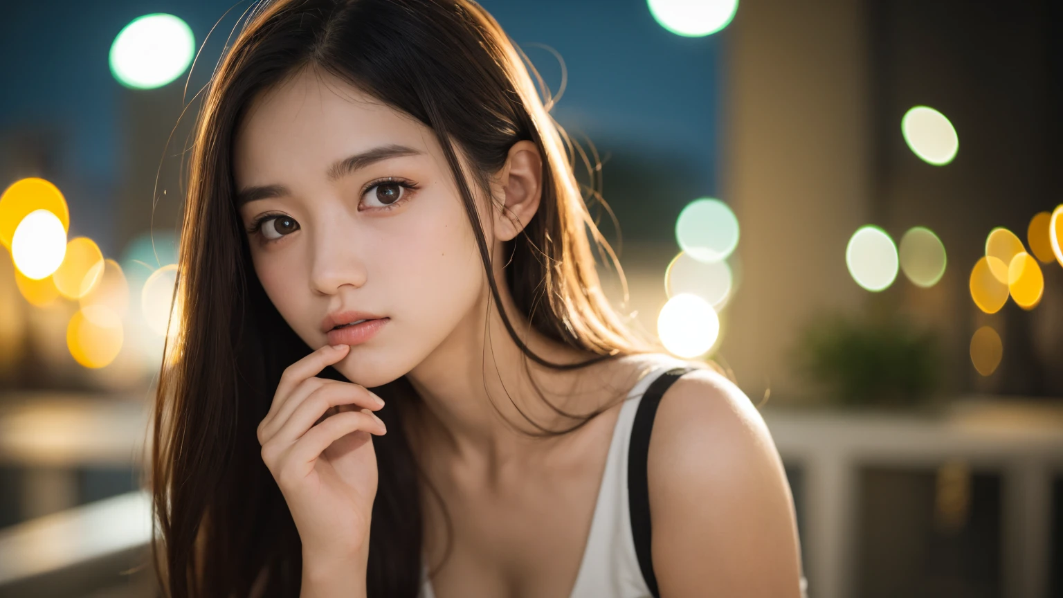 masterpiece, best quality, 8k, , teenw photo, absurdres, award winning portrait, solo, night, neon, violaceaess, gardeniass, delicate girl, upper body shot, DSLR, looking at viewer, candid, sophisticated, youthful, thin arms, showing cleavage, shy, professional lighting, film grain, chromatic aberration, (detailed eyes and face:1.0), (bokeh:1.1)