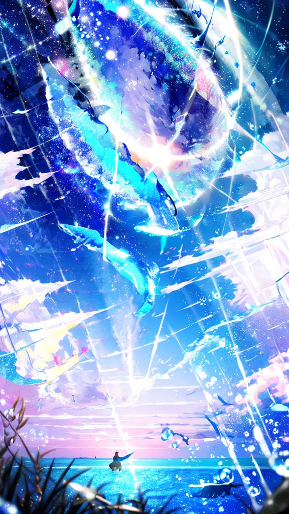 -scenery, 1girl, sky, Star (sky), Highest Resolution、whale, night, solo,Fine starry sky、 city lights, Starry sky, Fine bubbles、night sky, bubble, moon, watercraft, outdoors, short hair, ocean, cloud,coloured glaze,
