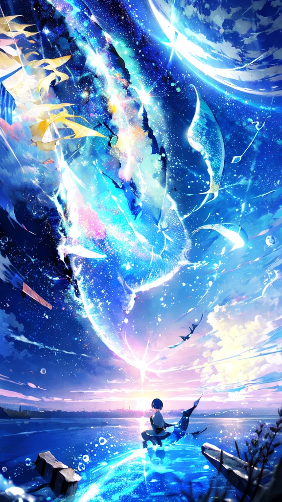 -scenery, 1girl, sky, Star (sky), Highest Resolution、whale, night, solo,Fine starry sky、 city lights, Starry sky, Fine bubbles、night sky, bubble, moon, watercraft, outdoors, short hair, ocean, cloud,coloured glaze,