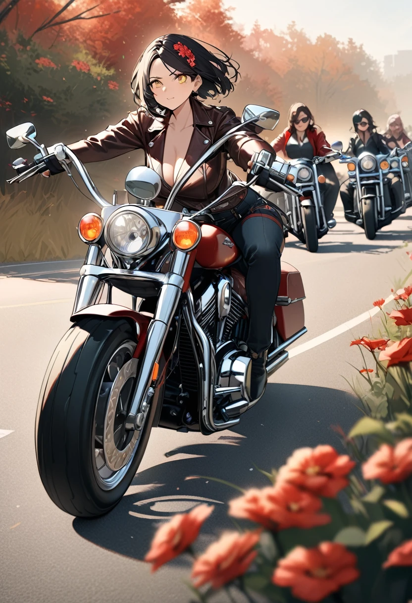 Highest quality, Super quality, 16K, Incredibly absurd, Very detailed, 2.5D, Delicate and dynamic depiction, A large group of Harley riders, The first rider is a female、Black short hair, Red flower hair ornament, Yellow Eyes, Leather clothing, Midwest Roads