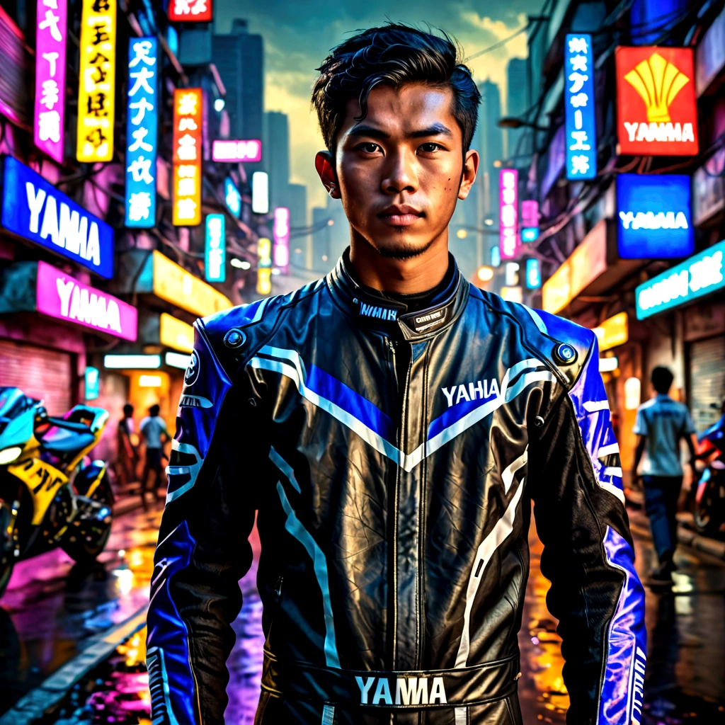 a young indonesia man, wear yamaha racing suit,  portrait. cyberpunk city background, cinematic lighting, digital oil PAINTING, 