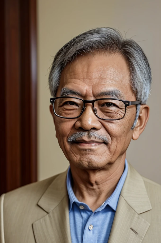 protrait photo, half-length photo from the front, not sideways, absolutely frontal, Chinese, 70 years old, wearing glasses, wearing a light-colored suit