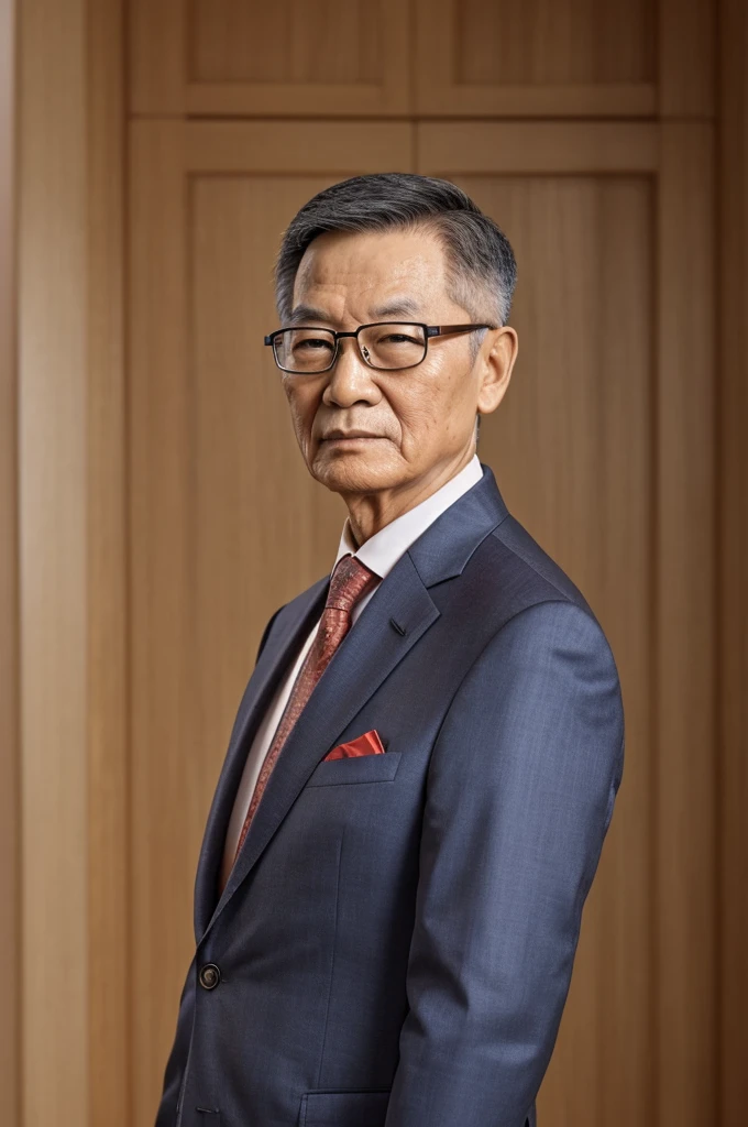 protrait photo, half-length photo from the front, not sideways, absolutely frontal, Chinese, 70 years old, wearing glasses, wearing a light-colored suit